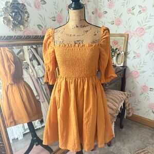 Mustard Gold Puff Sleeve Smocked Dress